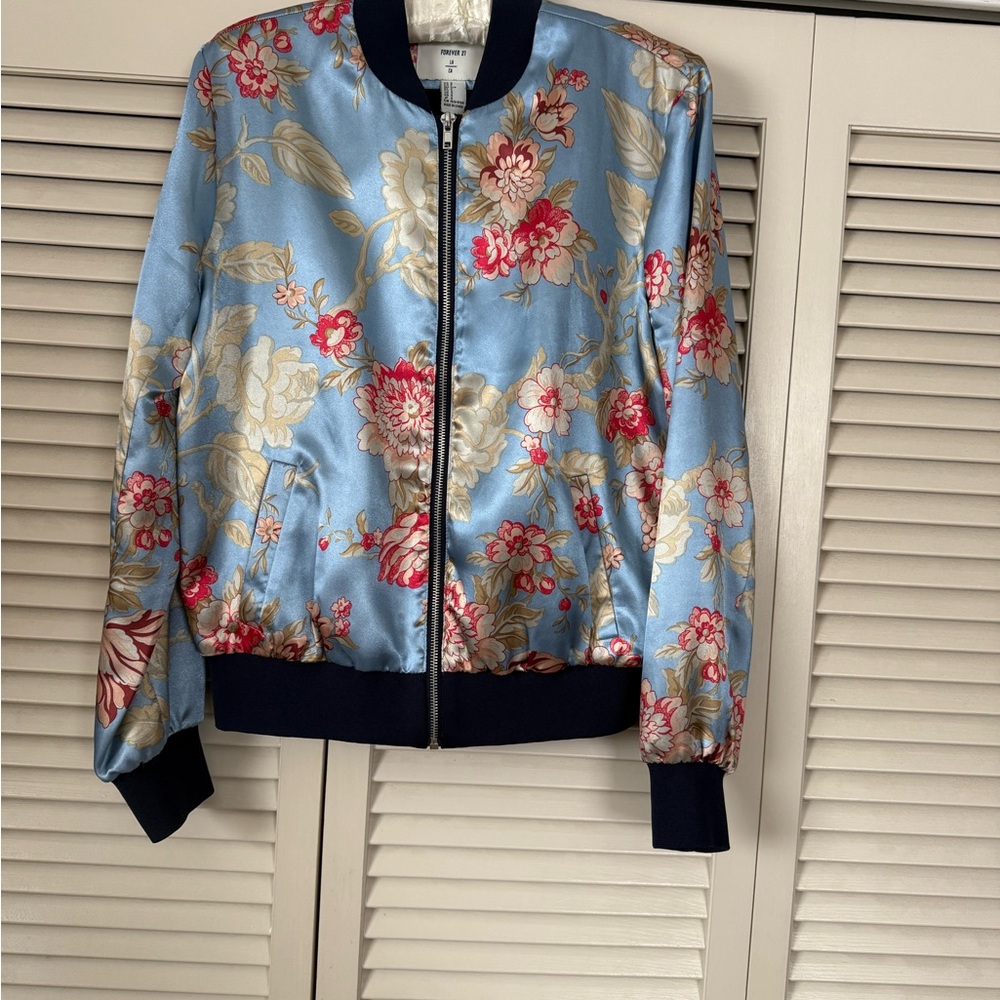 Blue Floral Satin Bomber Jacket